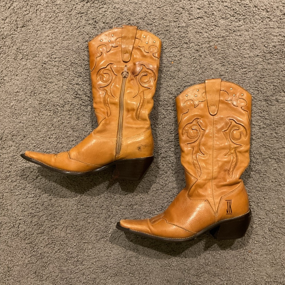 JK B01 Diane Vintage Womens Tan Leather High Western Cowboy Boots Shoes sz 38